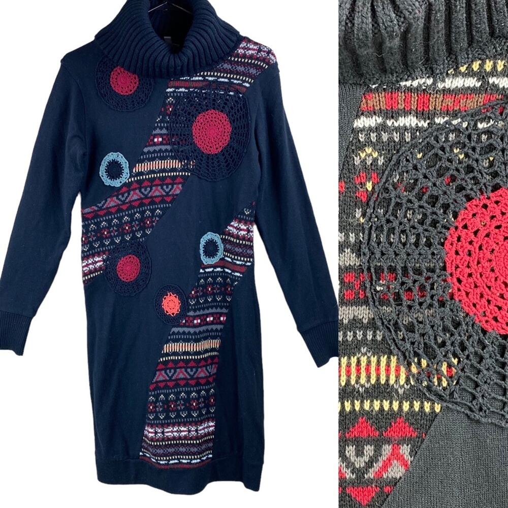 Linea Domani Womens Boho Crochet Turtleneck Sweater Dress Size 4